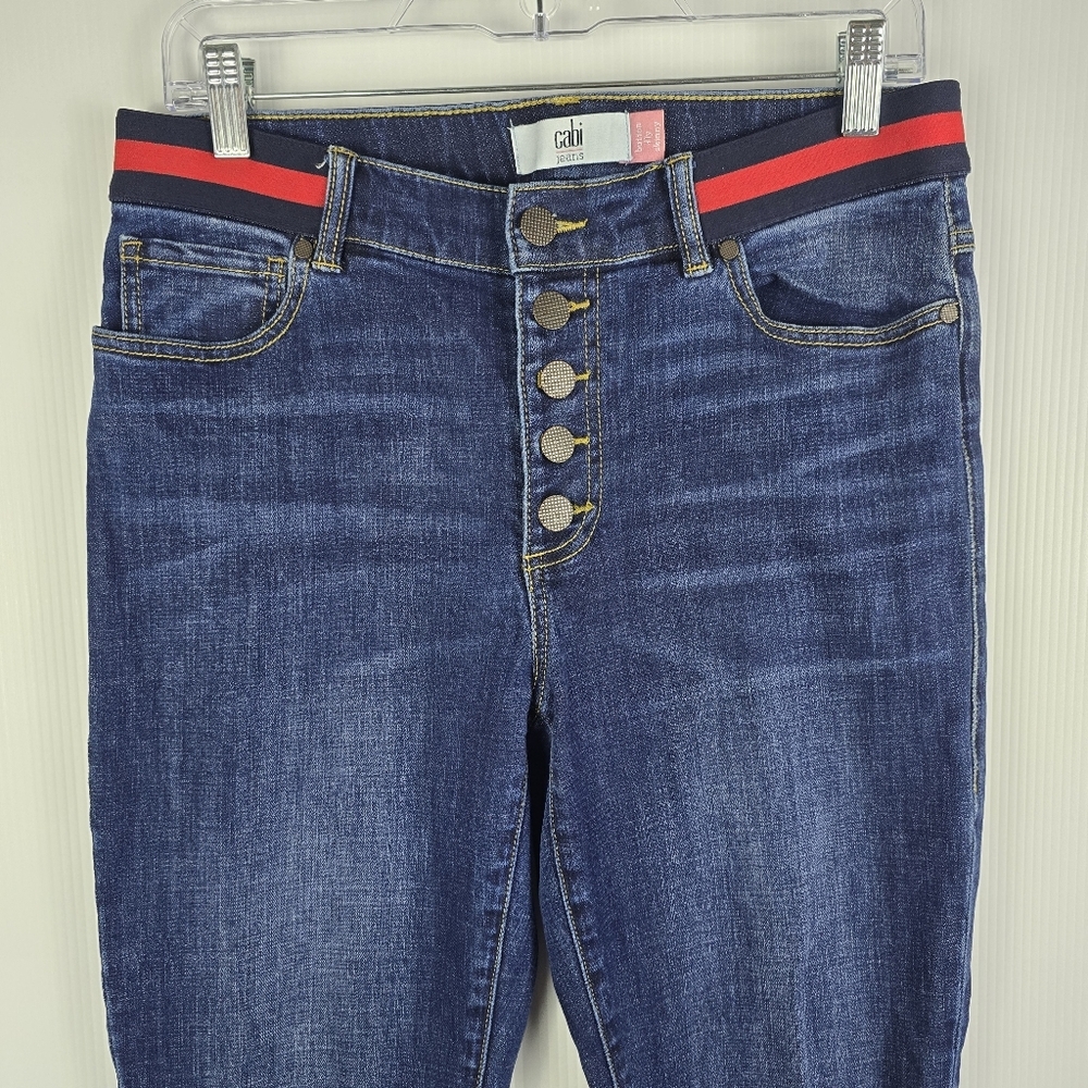 Cabi Women's Button Fly Skinny Jeans Stretchy Dark Wash Ribbon Waistband Size 8 - Picture 4 of 13